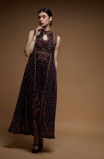 Obsidian Charm Sleeveless Gown with Rhinestone Embroidery